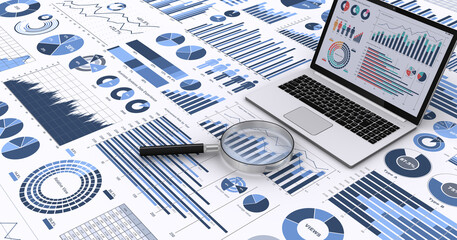 ビジネスデータを表示するノートPCと様々なグラフやチャート、ビジネスデータを分析・検討するイメージ - obrazy, fototapety, plakaty
