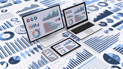 ビジネスデータを表示するPCと様々なグラフやチャート、ビジネスデータを分析・検討するイメージ - obrazy, fototapety, plakaty