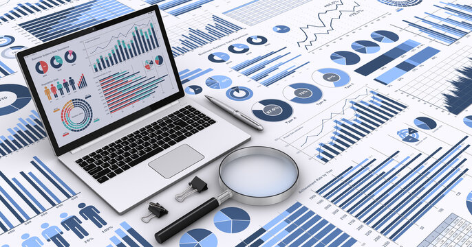 ビジネスデータを表示するノートPCと様々なグラフやチャート、ビジネスデータを分析・検討するイメージ