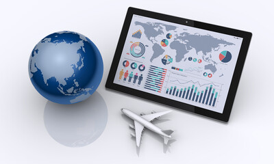 地球とタブレットと飛行機、ビジネスのグローバル戦略イメージ
