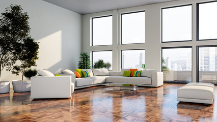 Large luxury modern bright interiors Living room mockup banner illustration 3D rendering computer digitally generated image
