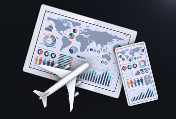 ビジネスタブレットとスマートフォンと飛行機、企業のグローバル戦略イメージ