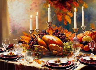 Thanksgiving feast laid out on an elegant table.