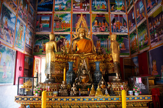 Ancient buddha statue in antique ubosot hall for thai people travelers travel visit respect praying blessing wish holy mystery of Wat Muang temple at Angthong on October 31, 2023 in Ang Thong Thailand