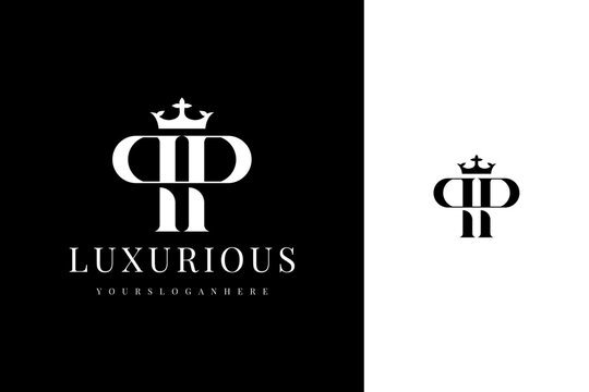 elegant simple minimal luxury serif font alphabet double letter p monogram logo design with crown