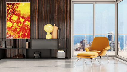 Large luxury modern bright interiors Living room mockup banner illustration 3D rendering computer...