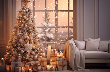 Living room with a decorated Christmas tree and presents