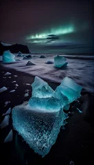 Fotobehang AI generated illustration of illuminated icebergs in the cold ocean water with the Northern light © Wirestock