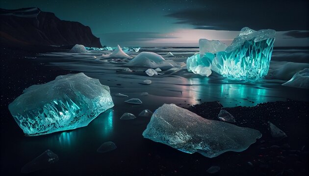 AI generated illustration of illuminated icebergs in the cold ocean water at night