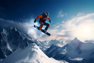 Fototapeta na wymiar Snowboarder on the slope performing spectacular jumping on snow mountain, extreme sport
