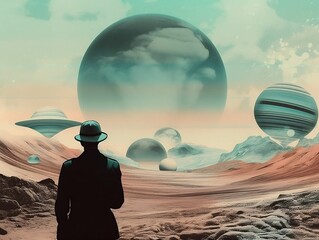 AI generated illustration of a man standing outdoors and gazing out into the horizon with planets