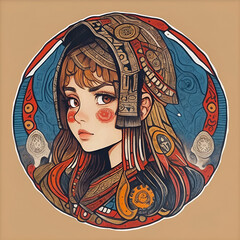 Beautiful Woman Illustration in round form designed with local patterns
