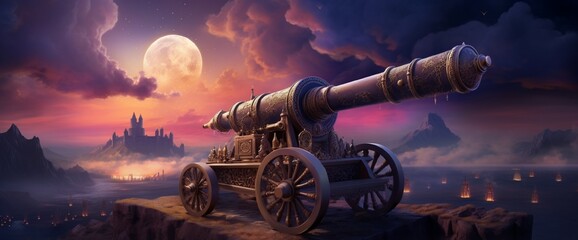 Ramadan Concept - Ramadan kareem cannon with crescent - Night sky with moon in the clouds at sunset - Powered by Adobe