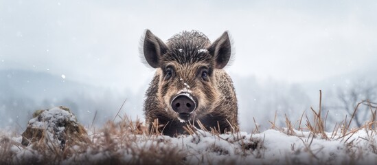 Snow covered wild boar - obrazy, fototapety, plakaty
