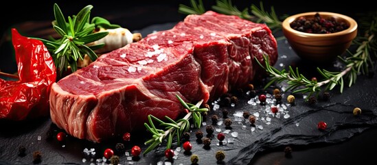 Raw steaks Barbecued Rib Eye Dry Aged Wagyu Entrecote and various cuts of Raw Black Angus Prime meat such as Machete Striploin Rib eye and Tenderloin fillet mignon