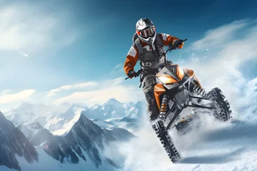 Gordijnen Snowmobile rider performing spectacular on top snow mountain, extreme sport © Black Pig