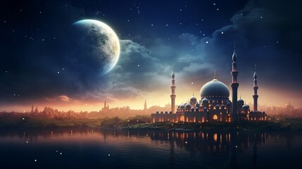 Ramadan kareem with mosque in the background - obrazy, fototapety, plakaty