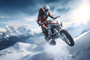 Motocross rider jumping in the air performing spectacular on snow mountain, extreme sport
