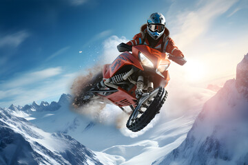 Snowmobile rider jumping in the air performing spectacular on snow mountain, extreme sport