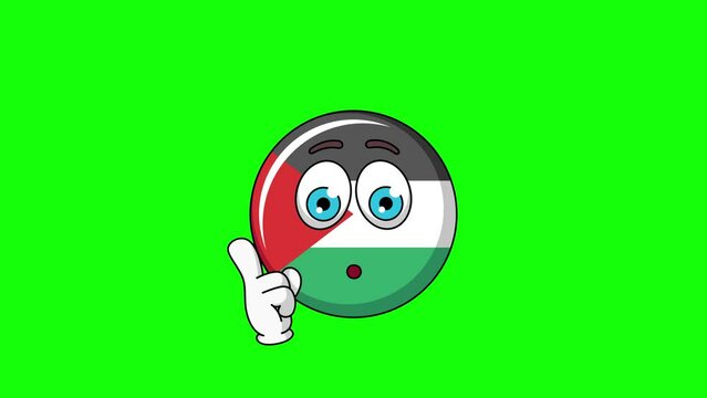 Animation of flag of palestine cartoon with a shushing face, finger over pursed lips
