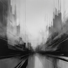 AI generated illustration of black and white multiple high-rise buildings in an urban area - obrazy, fototapety, plakaty