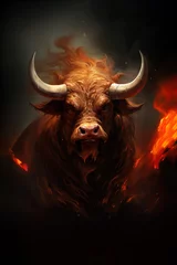Zelfklevend Fotobehang Image of an angry bull head with a burning fire on black background. Wildlife Animals. © yod67