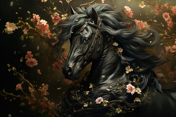 Image of black horse head surrounded by colorful flowers. Wildlife Animals.