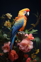 Image of a macaw parrot and beautiful flowers in the forest, Bird, Wildlife Animals.