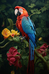 Fototapeta premium Image of a macaw parrot and beautiful flowers in the forest, Bird, Wildlife Animals.