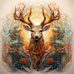 Fantasy art of deer with beautiful antlers. Wildlife Animals.