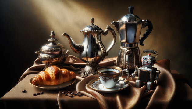 A still life image with an elegant coffee set, a porcelain cup, a silver coffee pot, a robot and a small plate with a croissant - Generative AI