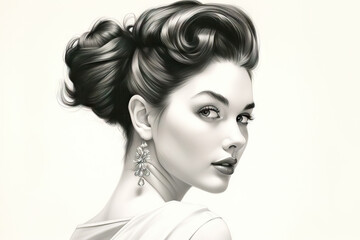 Portrait of a woman, watercolor, model, closeup, vintage fashion, iconic, elegant beauty, vintage hairstyle, black hair