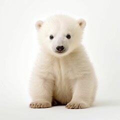 AI generated illustration of a white bear on a white background, looking up towards the camera