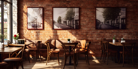 Cafe Vibes: A Restaurant with Brick Wall and Charming Cafe Sign,AI Generative  - obrazy, fototapety, plakaty