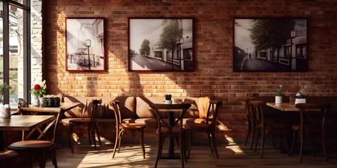 Fotobehang Cafe Vibes: A Restaurant with Brick Wall and Charming Cafe Sign,AI Generative  © aamir