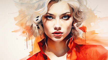 Portrait of a woman, watercolor, model, beauty, closeup, orange, blonde hair, fashion, iconic