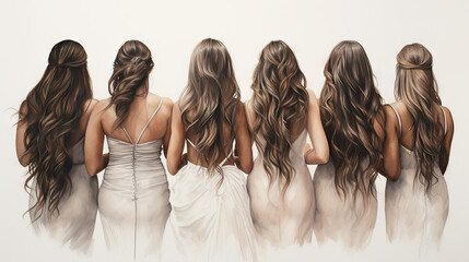Bride with bridesmaids, beautiful, long hair, long dresses, wedding party