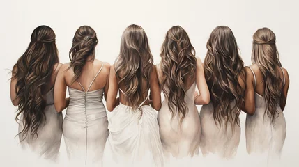 Papier Peint photo Salon de beauté Bride with bridesmaids, beautiful, long hair, long dresses, wedding party
