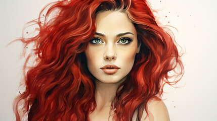 Portrait of a woman, watercolor, model, beauty, closeup, wavy red hair - obrazy, fototapety, plakaty