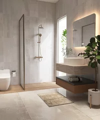 Fotobehang Hotel chique Luxury bathroom with bathtub, reeded glass partition, vanity counter, washbasin in sunlight from window on marble floor, white tile wall. Interior design decoration, toiletries product background 3D  © Sue Tansirimas