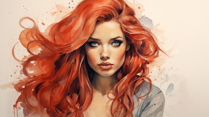 Portrait of a woman, watercolor, model, beauty, closeup, red hair