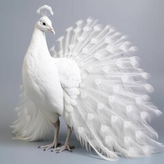 AI generated illustration of a majestic white peacock against a gray background - obrazy, fototapety, plakaty