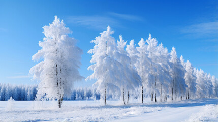 冬の風景、空と雪の積もる木、自然の景色 - obrazy, fototapety, plakaty