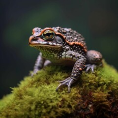 AI generated illustration of A small black and yellow frog  perched atop a green moss