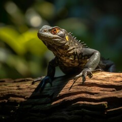 Obraz premium AI generated illustration of An iguana perched atop a log basking in the warm sunlight