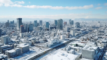Naklejka na ściany i meble 冬の都市、雪の街の風景、上空からの眺め