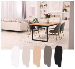 Spacious dining room with furniture. Color palette matching to this interior design