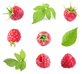 Fresh ripe raspberries and green leaves isolated on white, set