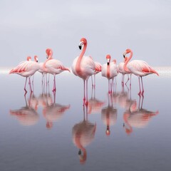 AI generated illustration of a flock of pink flamingos in a lake