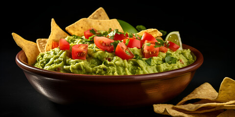 nachos and guacamole,Spicy Avocado Guacamole Sauce with Chili Pepper on black background 